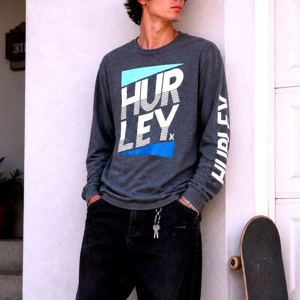 Hurley Unisex Long Sleeve Graphic Tee Charcoal Gray Logo Print Skater Shirt S